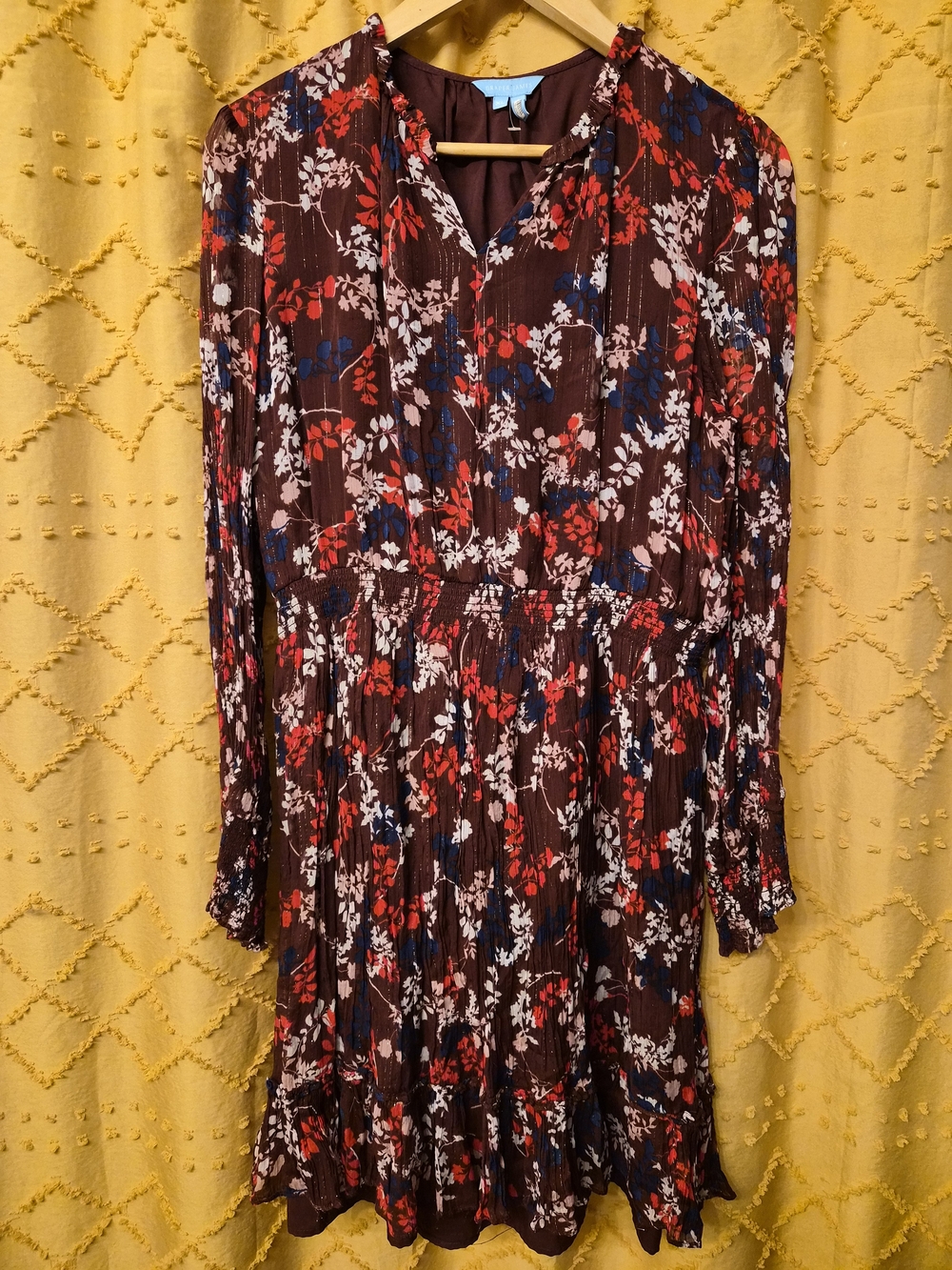 Draper James Dark Purple Floral Long-Sleeve Dress with Red & Blue Prints